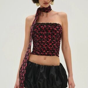 NWT For Love & Lemons Berry Bud Velvet Bustier Top Red Floral Medium